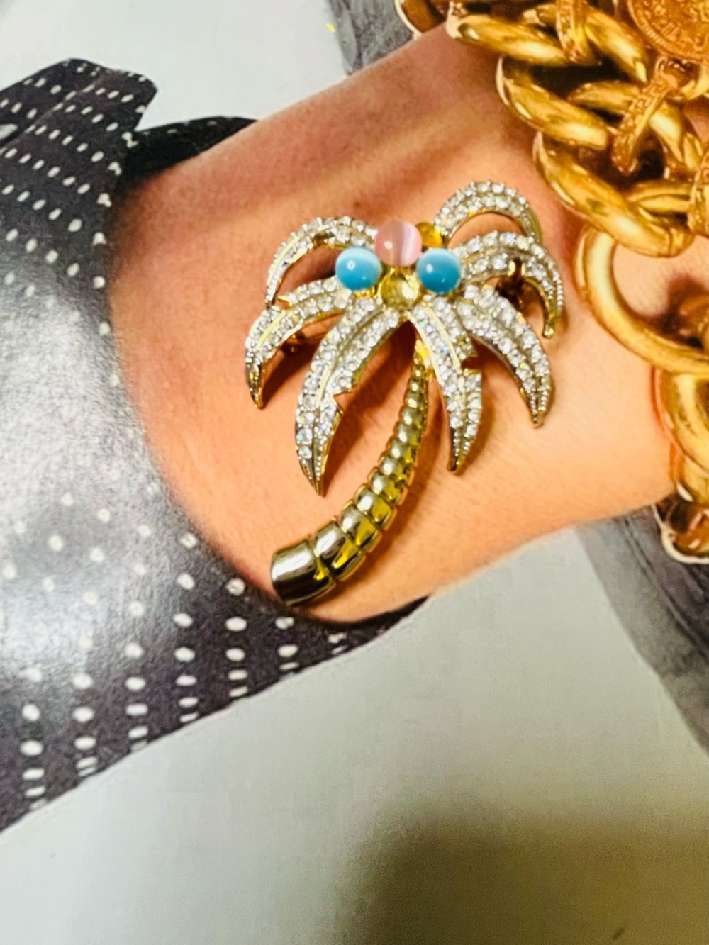 Gold Palm Tree Crystal Brooch with Pink and Turquoise Accents